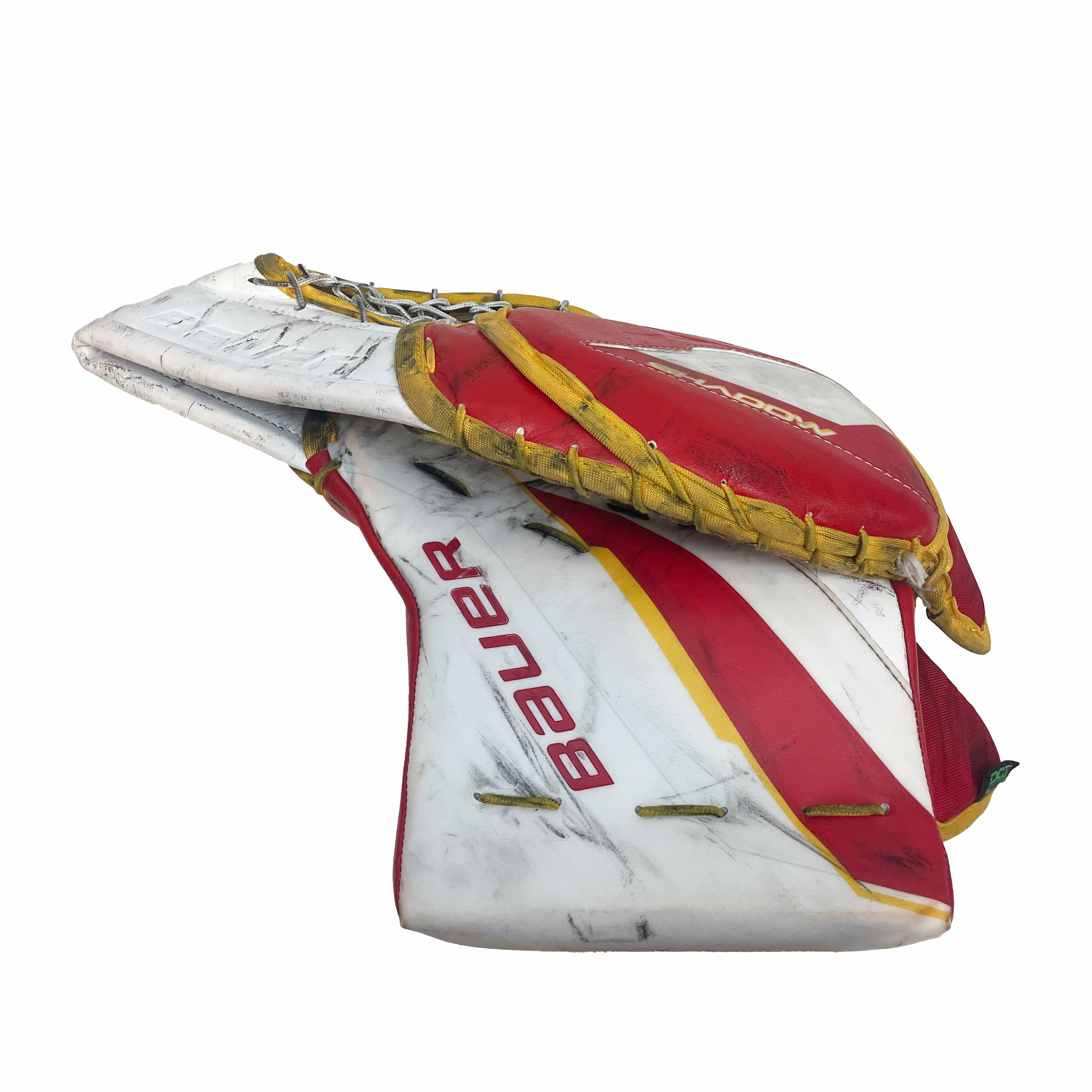 Bauer Supreme Shadow - Used Pro Stock Goalie Glove (White/Red/Yellow)